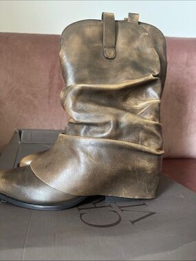 Crown Vintage Brown Burnished Slouch Boots with Covered Heel